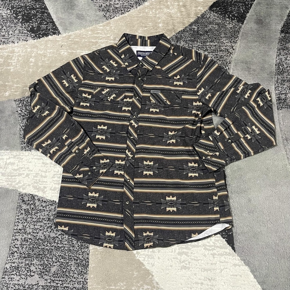 Panhandle Western Shirt Large Brown Performance Pearl Snap Aztec Cowboy Stretch